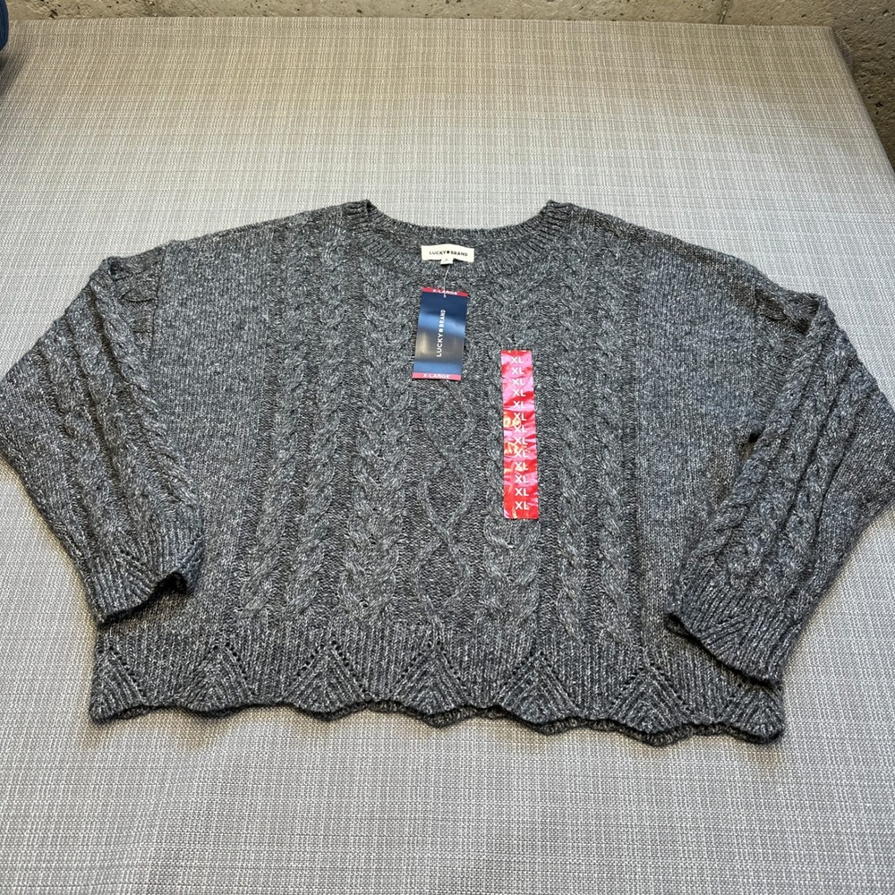 New Cozycore Cable Knit Sweater XL Lucky Brand Scallop‎ Hem Chunky Grey
